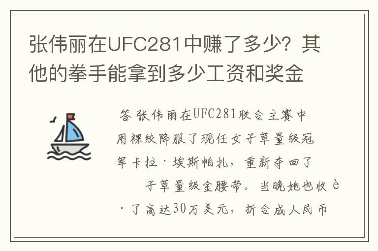 张伟丽在UFC281中赚了多少?其他的拳手能拿到多少工资和奖金?