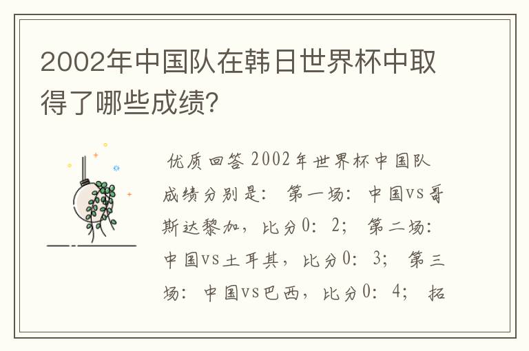 2002年中国队在韩日世界杯中取得了哪些成绩?