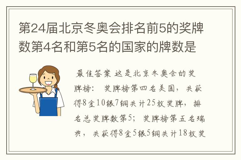 第24届北京冬奥会排名前5的奖牌数第4名和第5名的国家的牌数是多少?