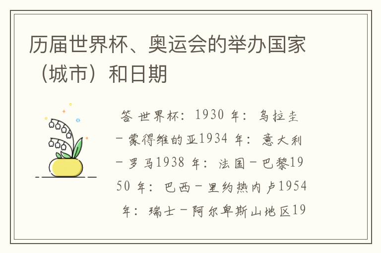 历届世界杯、奥运会的举办国家(城市)和日期