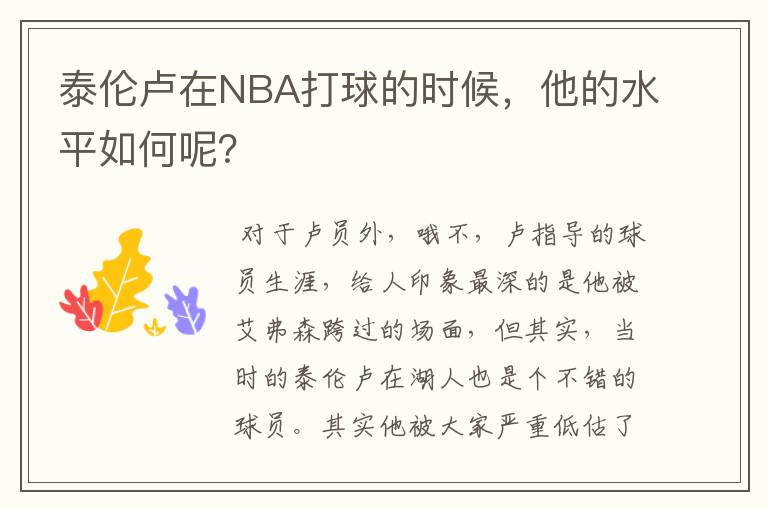 泰伦卢在NBA打球的时候,他的水平如何呢?