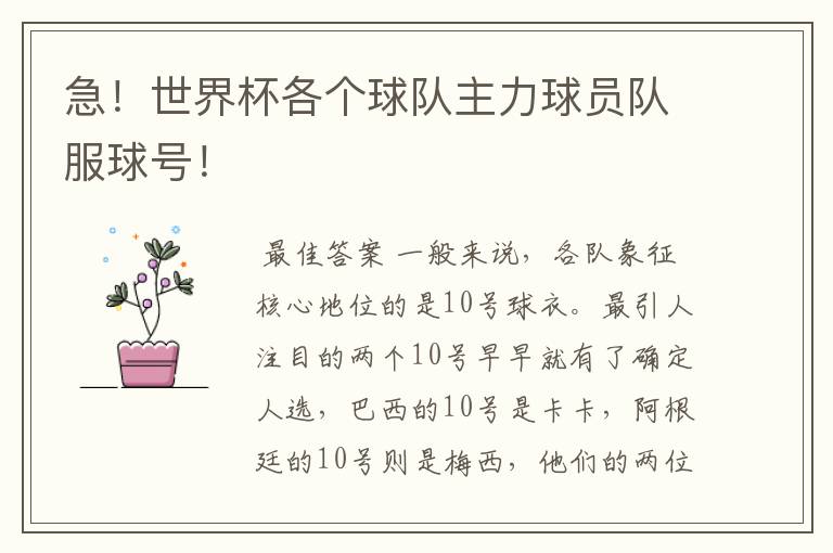 急!世界杯各个球队主力球员队服球号!