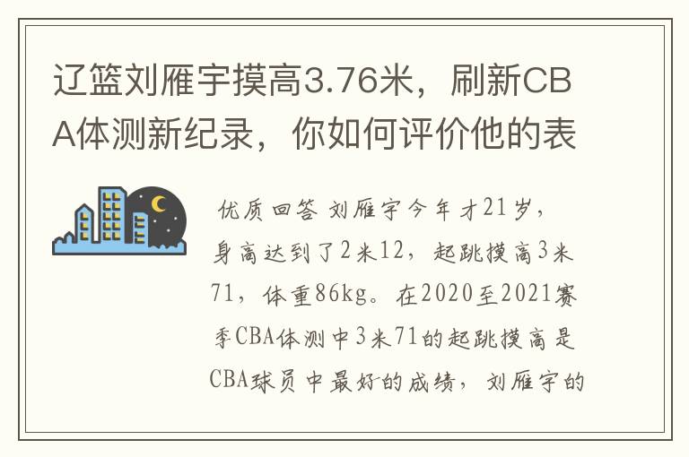 辽篮刘雁宇摸高3.76米,刷新CBA体测新纪录,你如何评价他的表现呢?