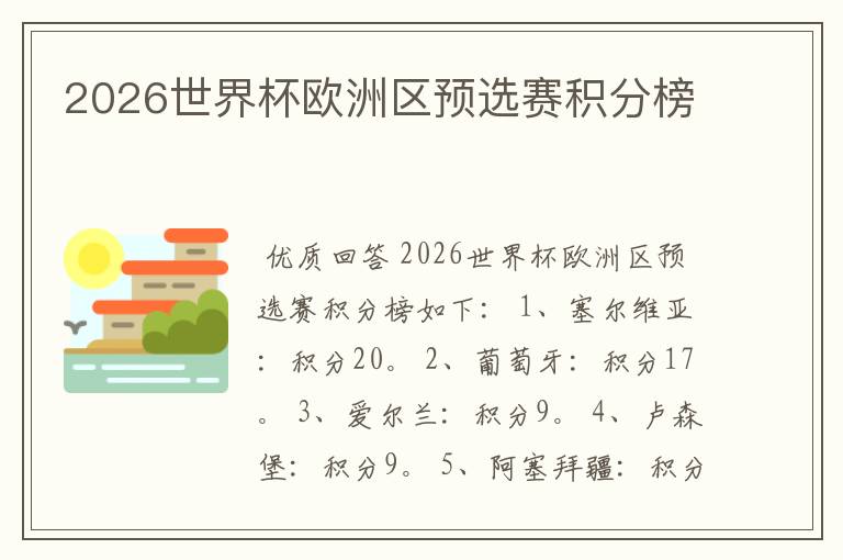 2026世界杯欧洲区预选赛积分榜