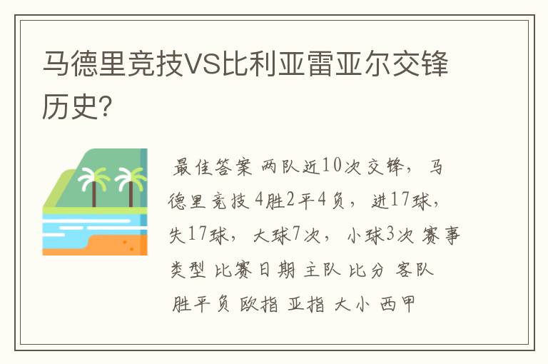 马德里竞技VS比利亚雷亚尔交锋历史?