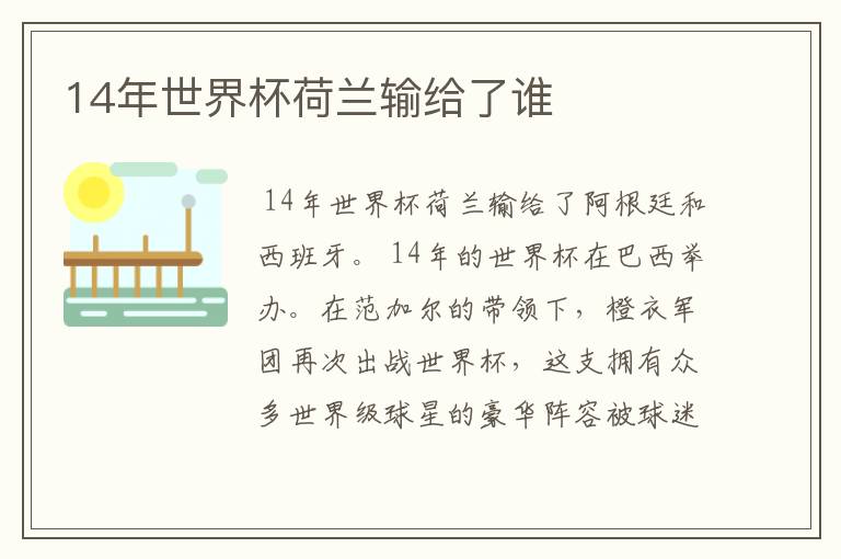 14年世界杯荷兰输给了谁