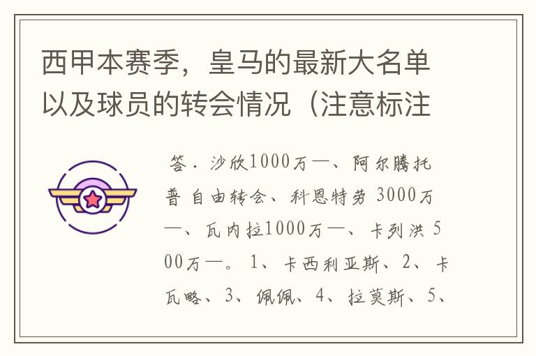 西甲本赛季,皇马的最新大名单以及球员的转会情况(注意标注球员身价)