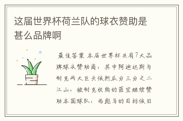 这届世界杯荷兰队的球衣赞助是甚么品牌啊