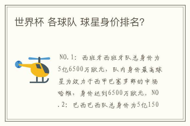 世界杯 各球队 球星身价排名?