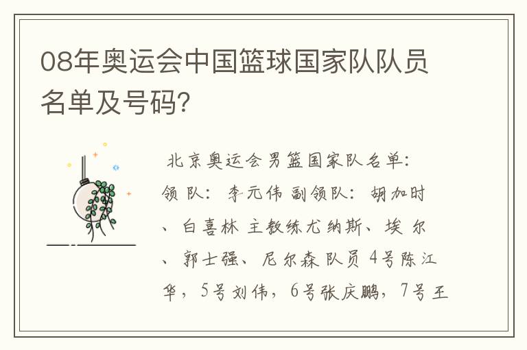08年奥运会中国篮球国家队队员名单及号码?