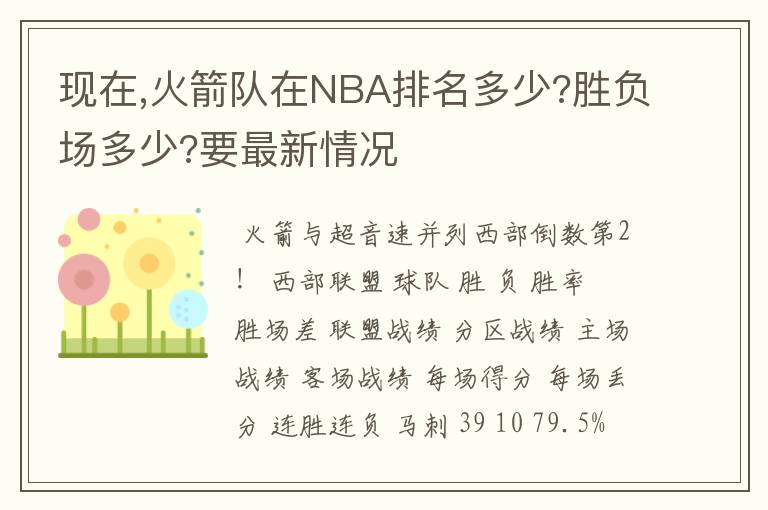 现在,火箭队在NBA排名多少?胜负场多少?要最新情况