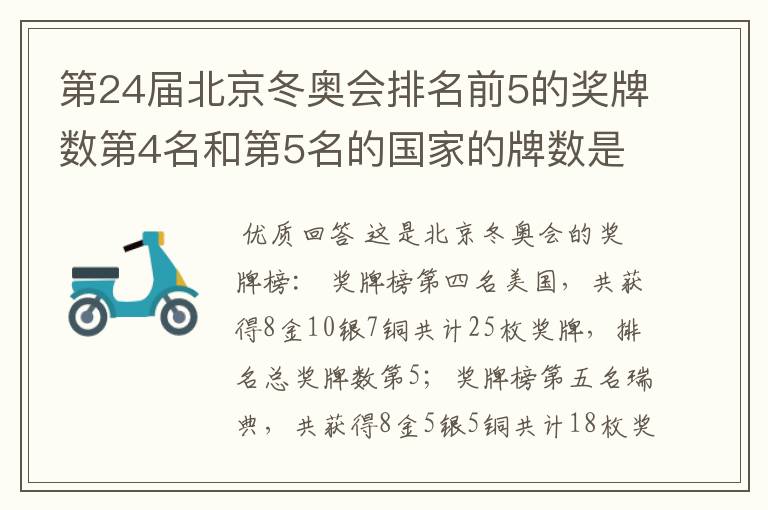 第24届北京冬奥会排名前5的奖牌数第4名和第5名的国家的牌数是多少?