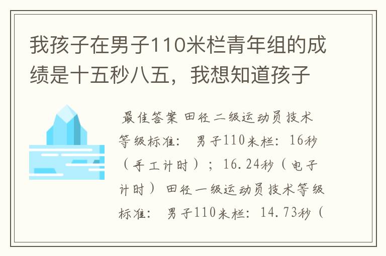 我孩子在男子110米栏青年组的成绩是十五秒八五,我想知道孩子这个组他这成绩能达到国家二级运动员的
