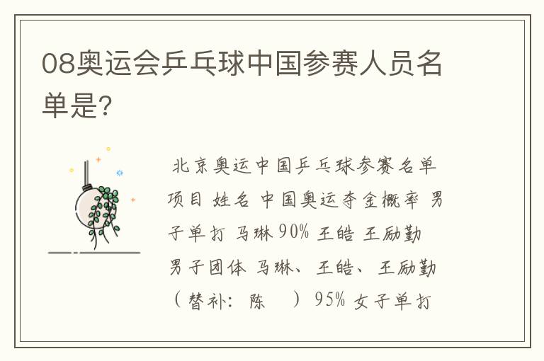 08奥运会乒乓球中国参赛人员名单是?