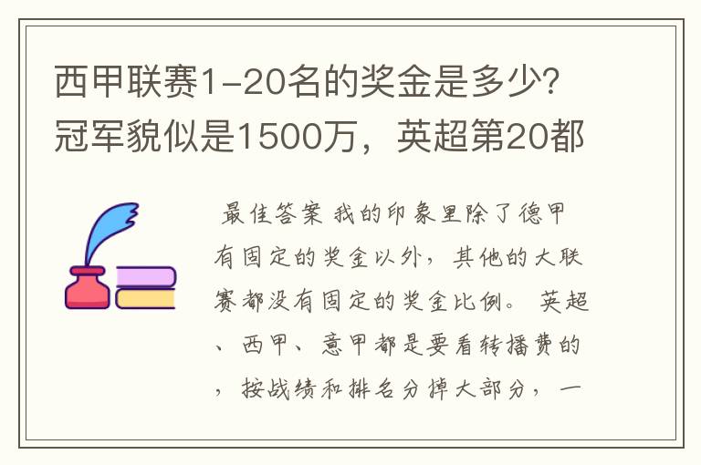 西甲联赛1-20名的奖金是多少?冠军貌似是1500万,英超第20都是4000万呀!