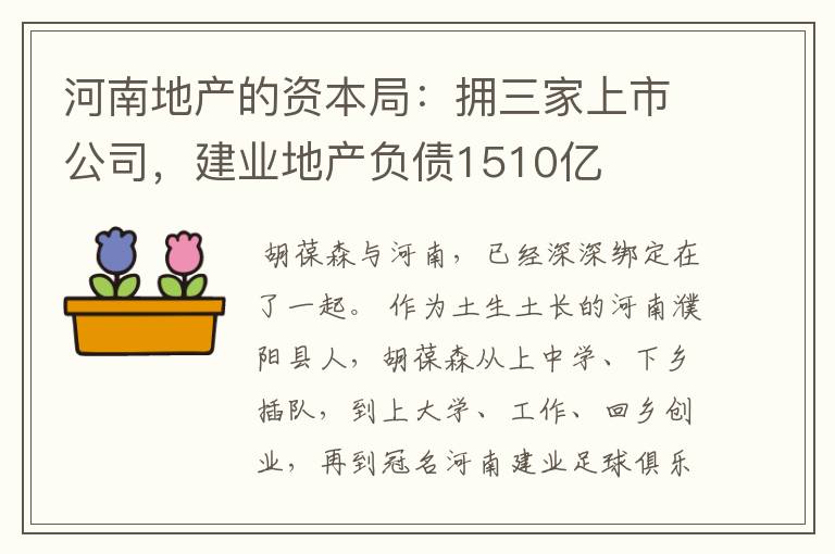 河南地产的资本局:拥三家上市公司,建业地产负债1510亿