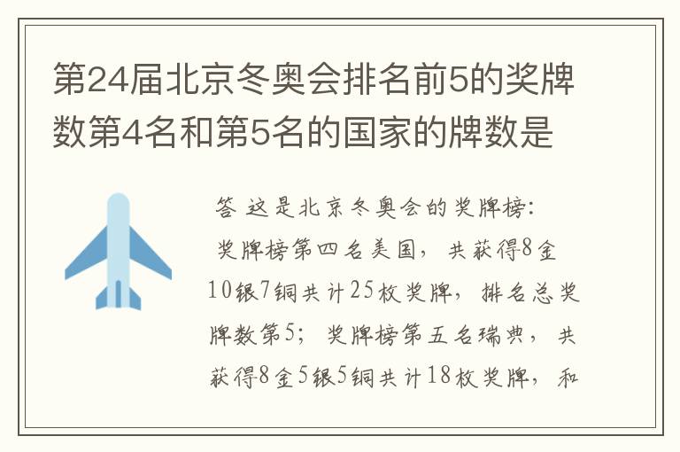 第24届北京冬奥会排名前5的奖牌数第4名和第5名的国家的牌数是多少?