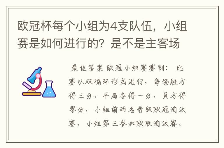 欧冠杯每个小组为4支队伍,小组赛是如何进行的?是不是主客场制?每支球队要进行几场小组赛?