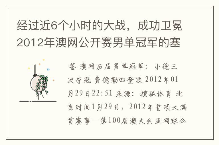 经过近6个小时的大战,成功卫冕2012年澳网公开赛男单冠军的塞尔维亚职业网球运动员是谁?