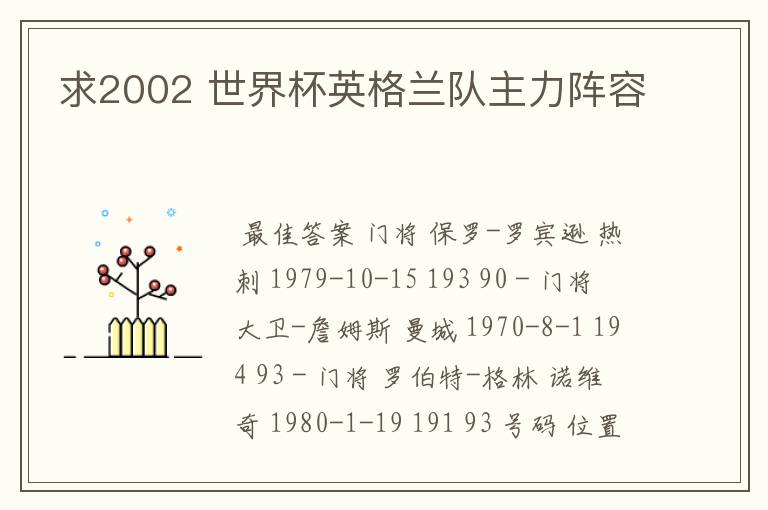 求2002 世界杯英格兰队主力阵容