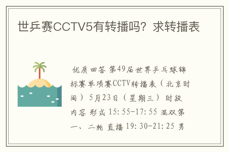世乒赛CCTV5有转播吗？求转播表