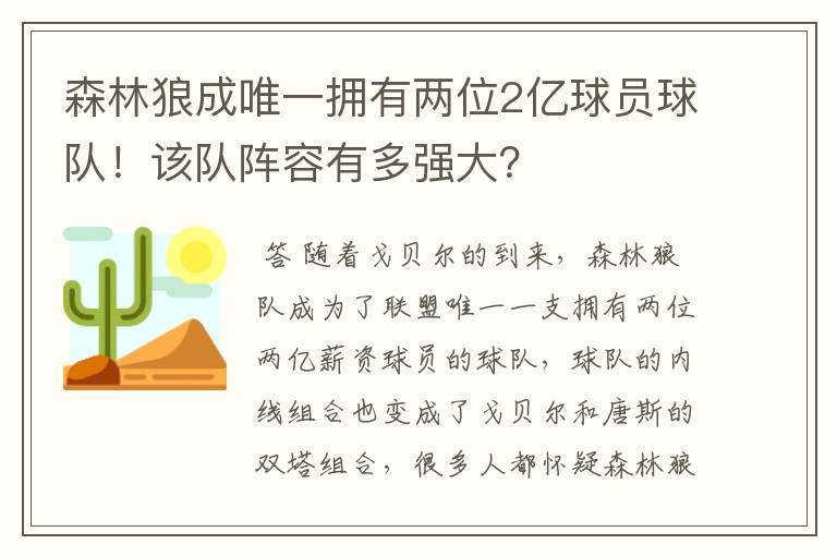 森林狼成唯一拥有两位2亿球员球队!该队阵容有多强大?