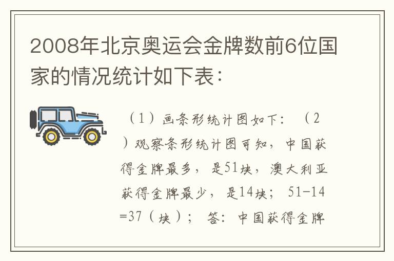 2008年北京奥运会金牌数前6位国家的情况统计如下表: 参赛国家 中国 美国 俄罗斯 英国 德国