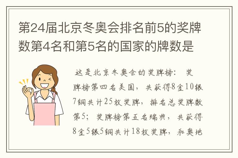 第24届北京冬奥会排名前5的奖牌数第4名和第5名的国家的牌数是多少?