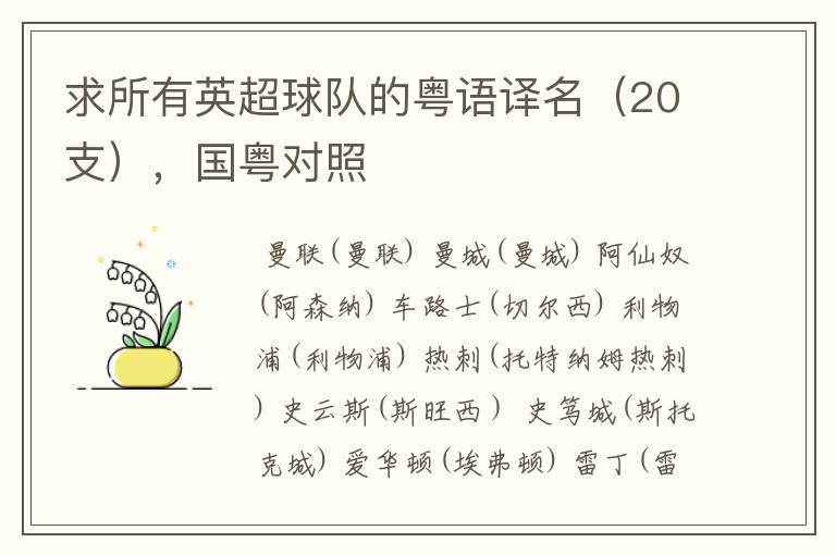 求所有英超球队的粤语译名(20支),国粤对照