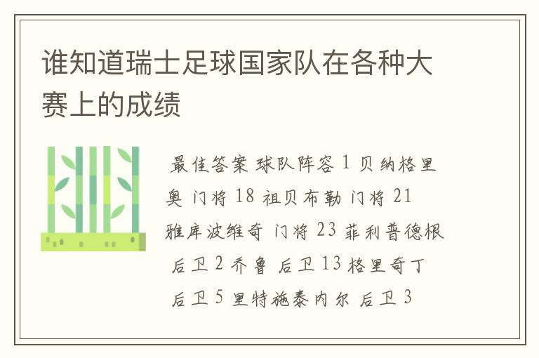 谁知道瑞士足球国家队在各种大赛上的成绩