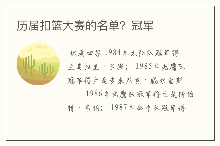 历届扣篮大赛的名单?冠军