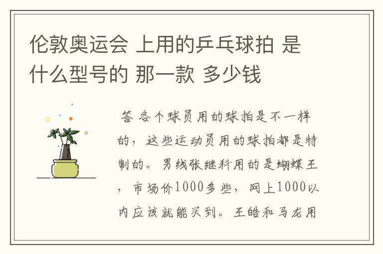 伦敦奥运会 上用的乒乓球拍 是什么型号的 那一款 多少钱
