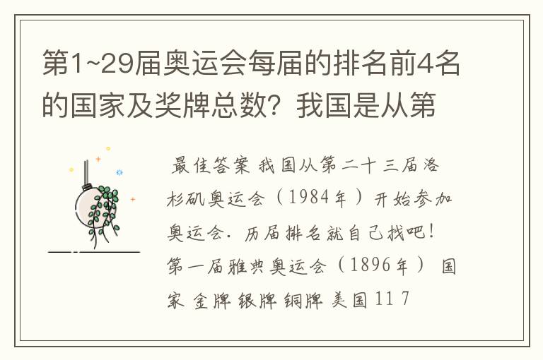 第1~29届奥运会每届的排名前4名的国家及奖牌总数?我国是从第几届开始参加奥运会的?我国每届的排名?