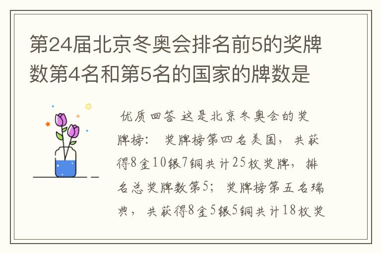 第24届北京冬奥会排名前5的奖牌数第4名和第5名的国家的牌数是多少?