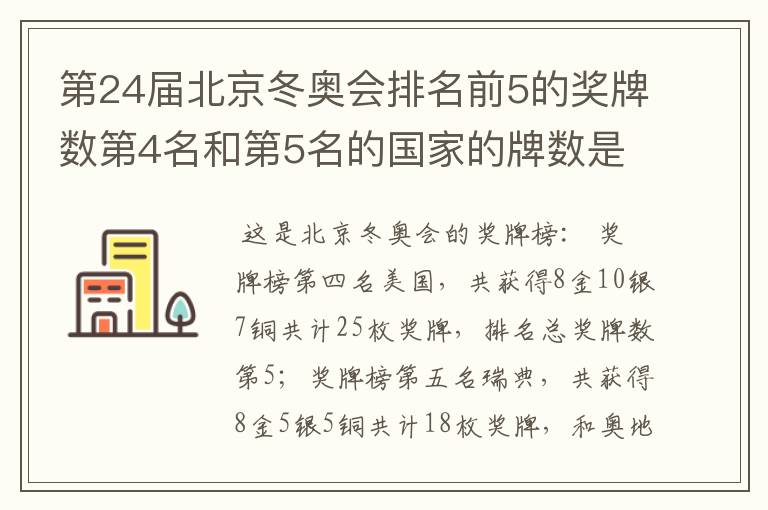 第24届北京冬奥会排名前5的奖牌数第4名和第5名的国家的牌数是多少?