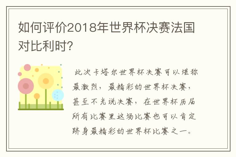 如何评价2018年世界杯决赛法国对比利时?