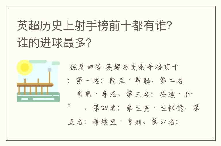 英超历史上射手榜前十都有谁?谁的进球最多?