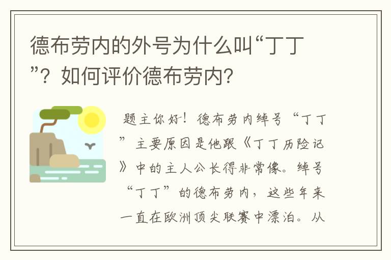 德布劳内的外号为什么叫“丁丁”?如何评价德布劳内?