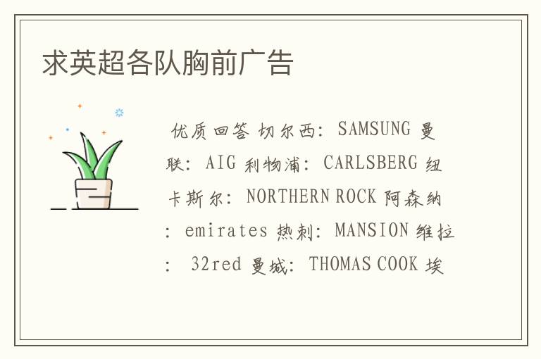 求英超各队胸前广告