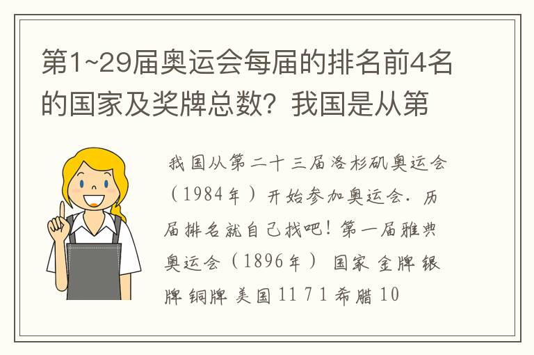 第1~29届奥运会每届的排名前4名的国家及奖牌总数?我国是从第几届开始参加奥运会的?我国每届的排名?