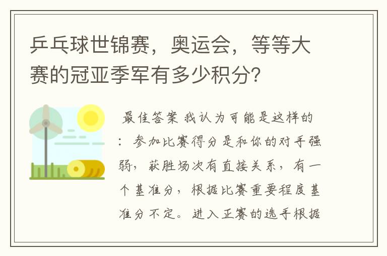 乒乓球世锦赛,奥运会,等等大赛的冠亚季军有多少积分?