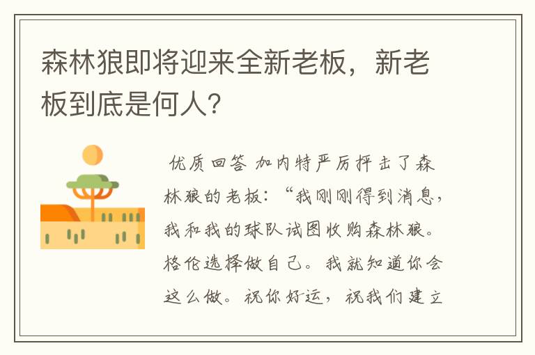 森林狼即将迎来全新老板,新老板到底是何人?