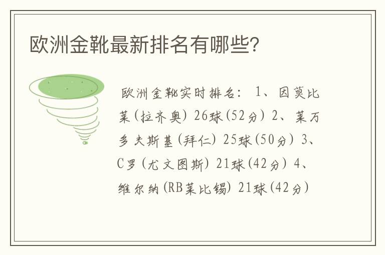 欧洲金靴最新排名有哪些?