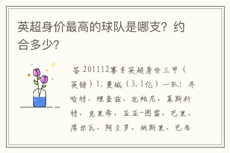 英超身价最高的球队是哪支?约合多少?