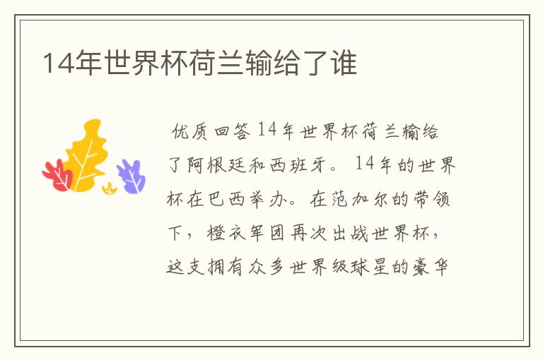 14年世界杯荷兰输给了谁