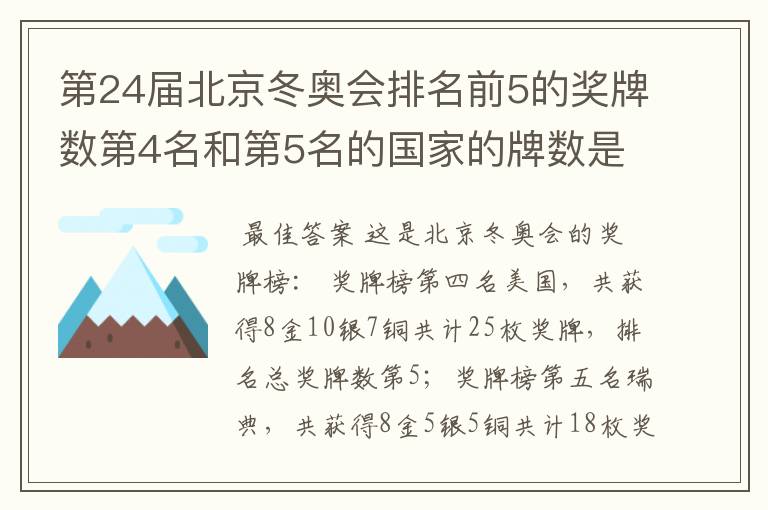 第24届北京冬奥会排名前5的奖牌数第4名和第5名的国家的牌数是多少?