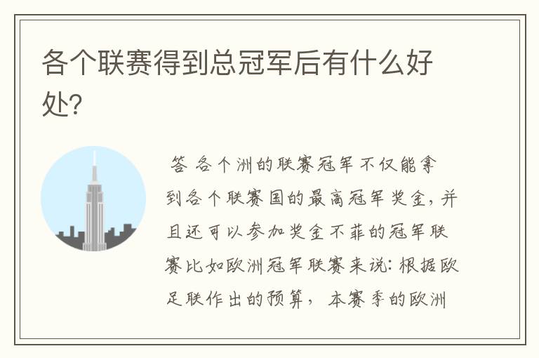 各个联赛得到总冠军后有什么好处?