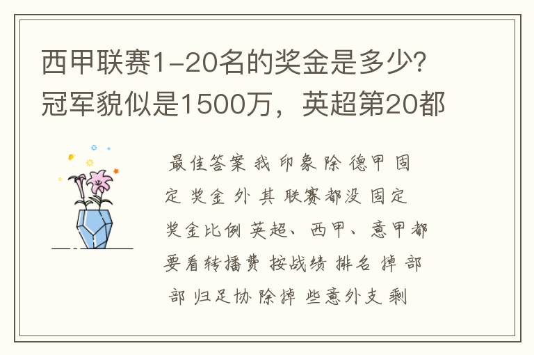 西甲联赛1-20名的奖金是多少?冠军貌似是1500万,英超第20都是4000万呀!