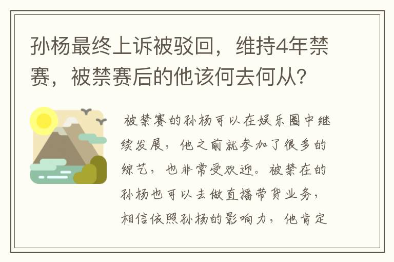 孙杨最终上诉被驳回,维持4年禁赛,被禁赛后的他该何去何从?