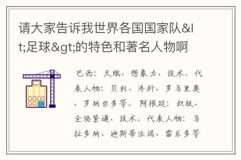 请大家告诉我世界各国国家队<足球>的特色和著名人物啊.以及特长啊